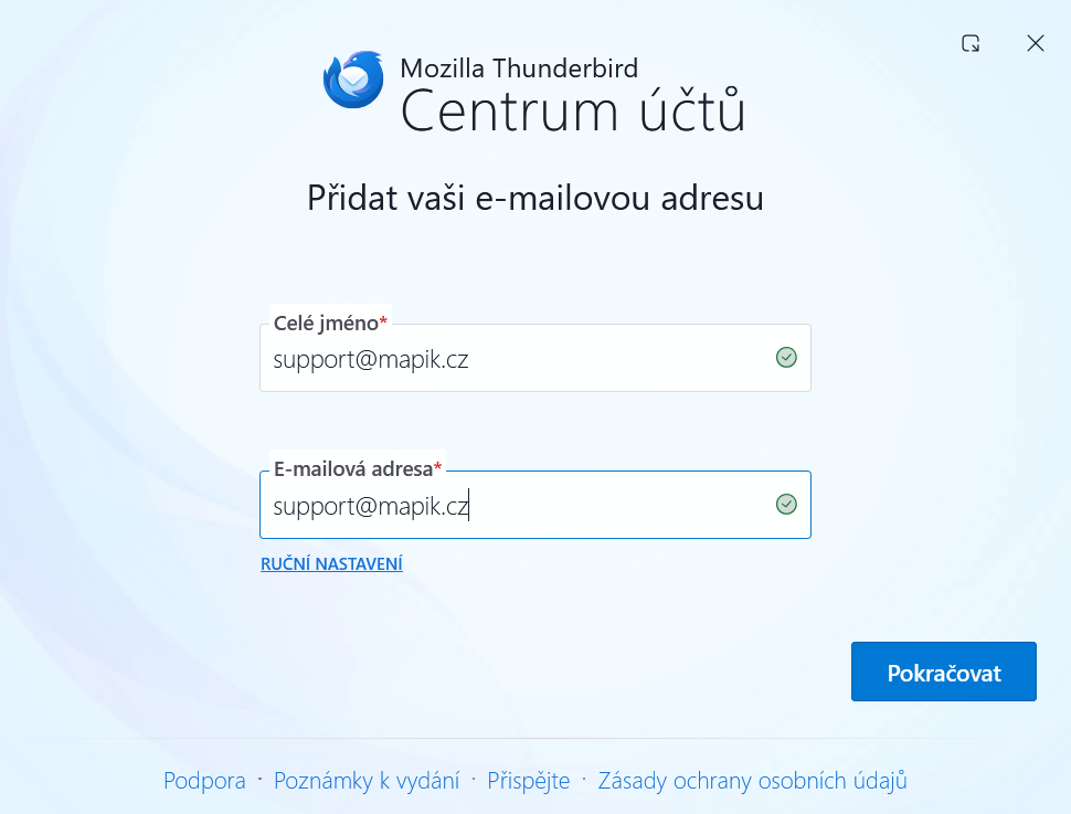 Thunderbird - Centrum účtů